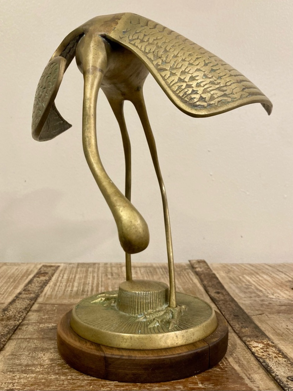 Vintage Crane Sculpture on Wood Base Mid Century Modern Decor 11.5” Brass Color - Picture 3 of 16
